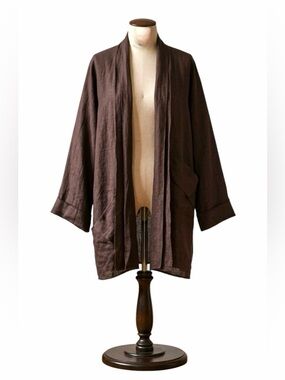 Linda Lundstrom 100% Linen Open Front Lagenlook Brown Cardigan Jacket Size 16